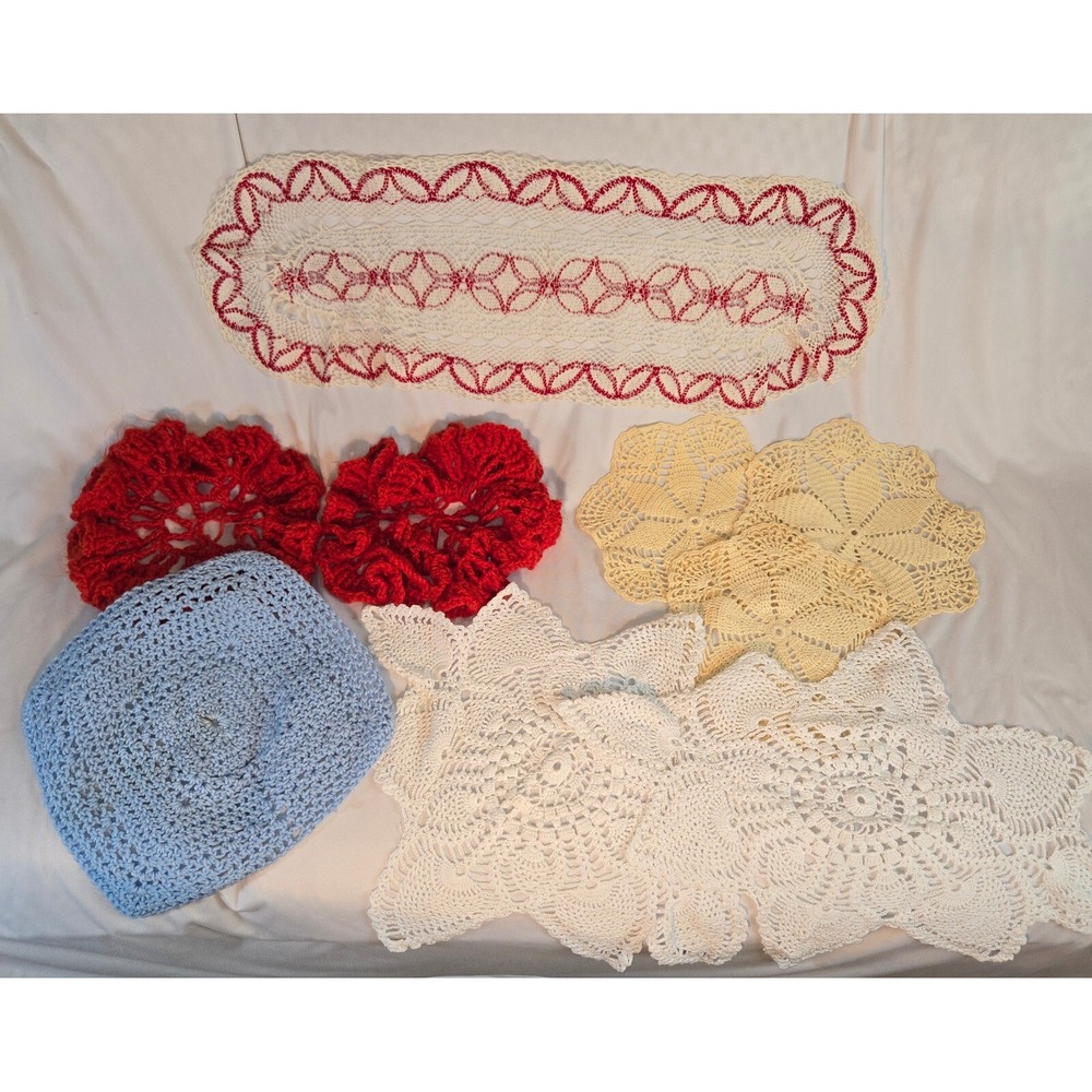 Vintage Crochet Table Runners Doilies Lot of 9 Red Blue White Cream Snowflake